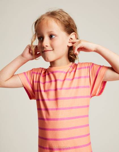 衣服 jp Joules 女の子 マークリー 半袖ペプラムジャージドレス 2-12 歳 ピーチストライプ 46RH256