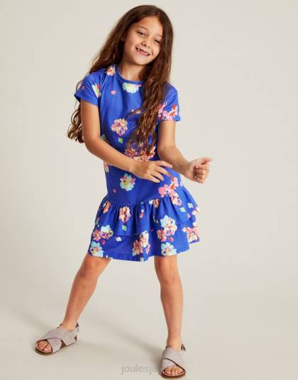衣服 jp Joules 女の子 マークリー 半袖ペプラムジャージドレス 2-12 歳 青い花柄 46RH276