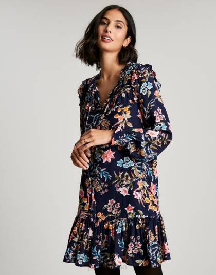 衣服 jp Joules 女性 ルビーキーホールフリルティアードチュニック ネイビー ピークの花柄 46RH101
