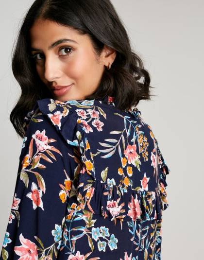 衣服 jp Joules 女性 ルビーキーホールフリルティアードチュニック ネイビー ピークの花柄 46RH101