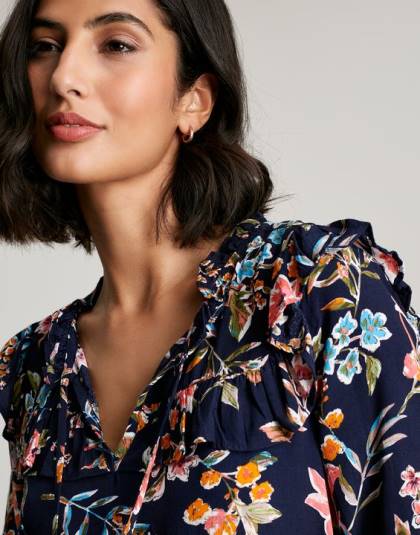 衣服 jp Joules 女性 ルビーキーホールフリルティアードチュニック ネイビー ピークの花柄 46RH101