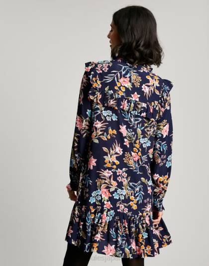 衣服 jp Joules 女性 ルビーキーホールフリルティアードチュニック ネイビー ピークの花柄 46RH101