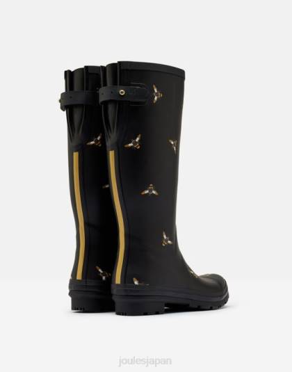 履物 jp Joules 女性 調節可能なバックガセット付きのレインブーツプリント ブラックメタリックミツバチ 46RH147