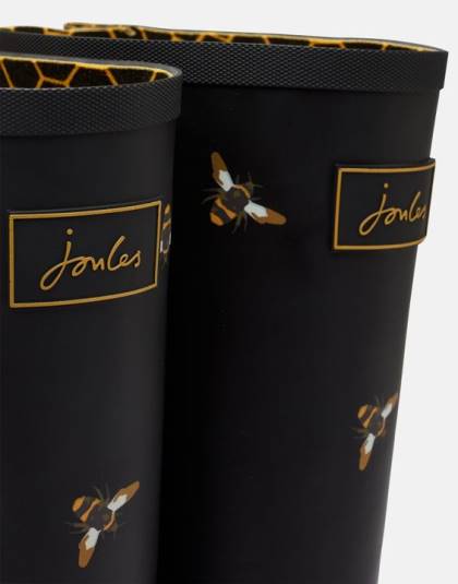 履物 jp Joules 女性 調節可能なバックガセット付きのレインブーツプリント ブラックメタリックミツバチ 46RH147