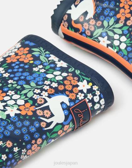履物 jp Joules 女の子 ロールアップ可能なフレキシブルプリントレインブーツ 海軍の馬 46RH331