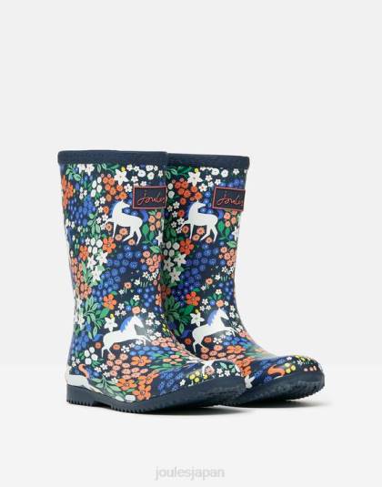 履物 jp Joules 女の子 ロールアップ可能なフレキシブルプリントレインブーツ 海軍の馬 46RH331