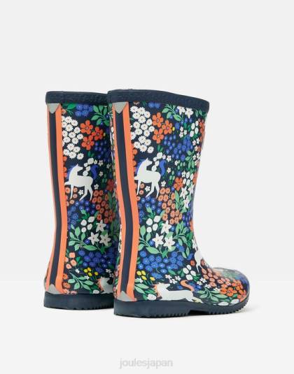 履物 jp Joules 女の子 ロールアップ可能なフレキシブルプリントレインブーツ 海軍の馬 46RH331