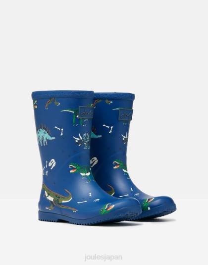 履物 jp Joules 男の子たち ロールアップ可能なフレキシブルプリントレインブーツ 青い恐竜 46RH386