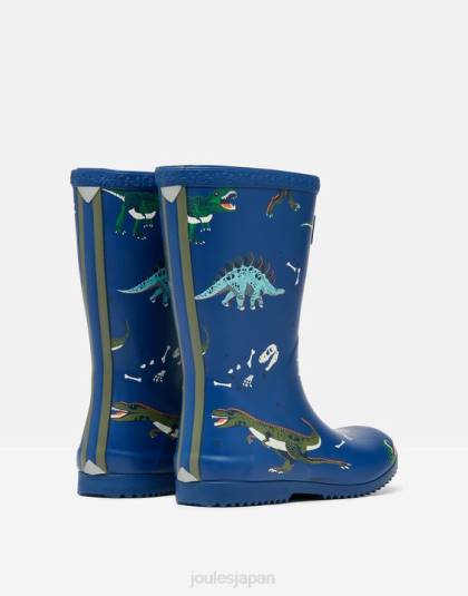 履物 jp Joules 男の子たち ロールアップ可能なフレキシブルプリントレインブーツ 青い恐竜 46RH386