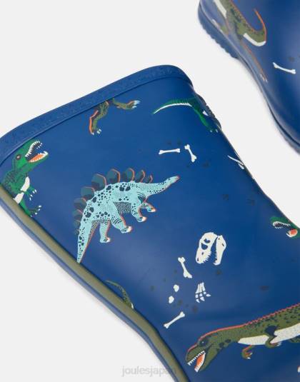 履物 jp Joules 男の子たち ロールアップ可能なフレキシブルプリントレインブーツ 青い恐竜 46RH386