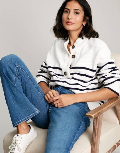衣服 jp Joules 女性 厚手のセーターを通した入り江のボタン ネイビークリームストライプ 46RH90