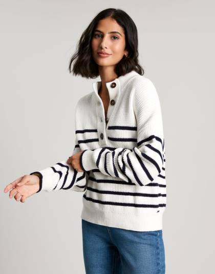 衣服 jp Joules 女性 厚手のセーターを通した入り江のボタン ネイビークリームストライプ 46RH90