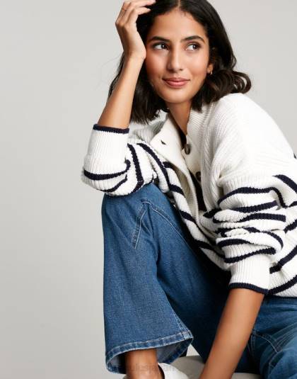 衣服 jp Joules 女性 厚手のセーターを通した入り江のボタン ネイビークリームストライプ 46RH90