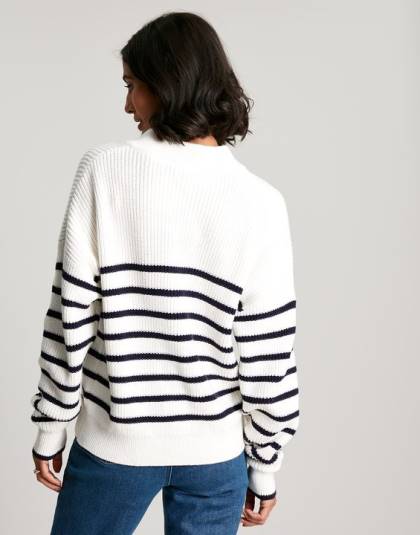 衣服 jp Joules 女性 厚手のセーターを通した入り江のボタン ネイビークリームストライプ 46RH90