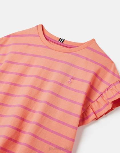衣服 jp Joules 女の子 フリルサイド半袖フリルTシャツ 2-12歳 ピーチストライプ 46RH297